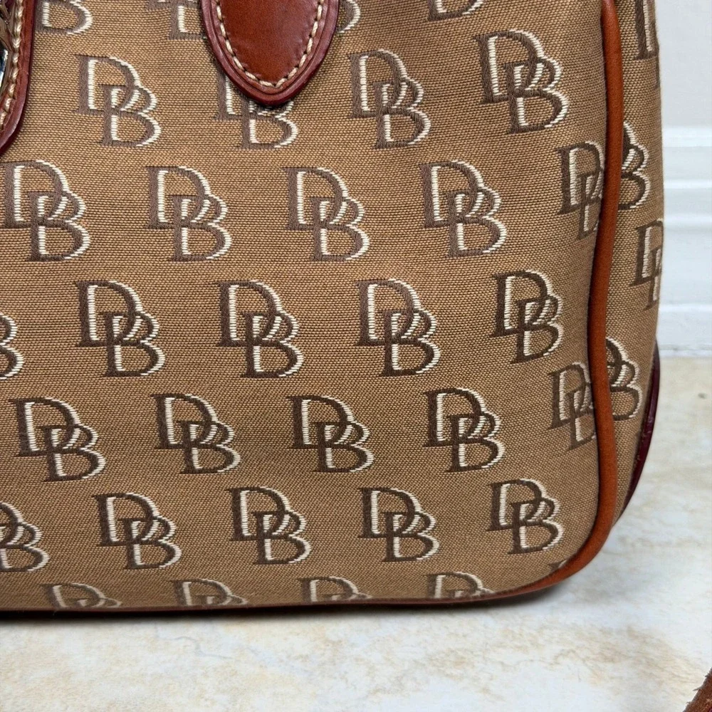 Dooney & Bourke Brown DB Monogram Canvas Leather Satchel Tote Bag Medium